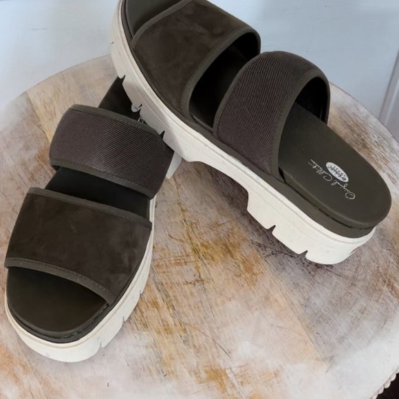 Dr School Suede Blend Olive Terrain Lug- Sole Cushion Platform Slide Sandals NEW - Picture 16 of 16